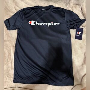 Champion Men’s Script Logo Tee in Navy with White & Red Accents